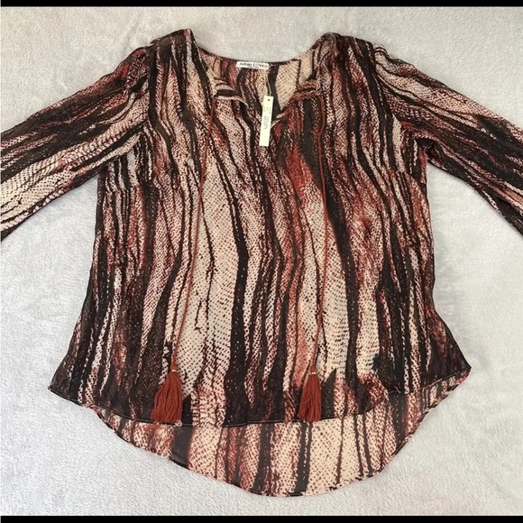 Julian Love womens long sleeve see through red clay blouse size Large - Picture 1 of 5